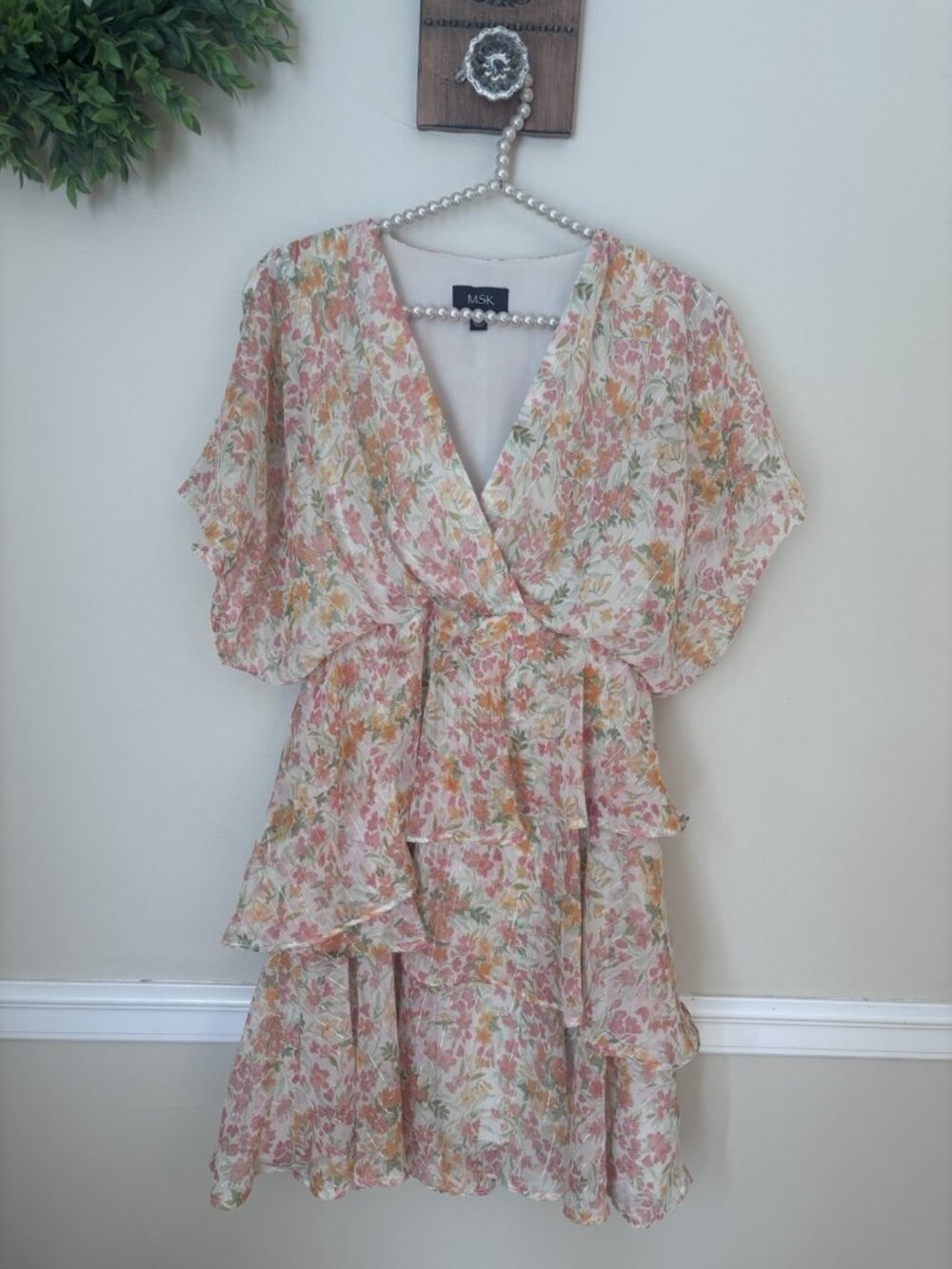 MSK Womens Size S Floral Ruffle Dress Flutter Sleeve Metallic Stripe Orange
